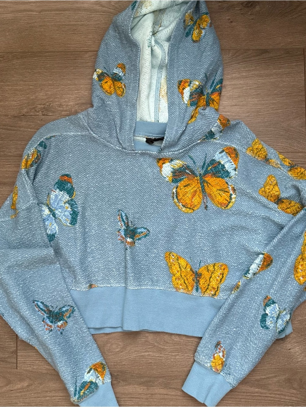 UO Out From Under Butterfly Hoodie Sweatshirt in Light Blue and Yellow